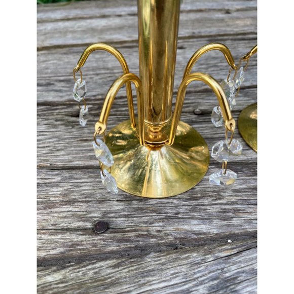 Vintage 1970s Small Brass Waterfall Crystal Candlestick Holders - Picture 6 of 11